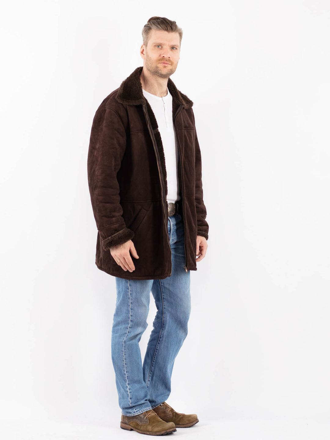 Vintage 90's Men Faux Sheepskin Coat in BrownZ1448
