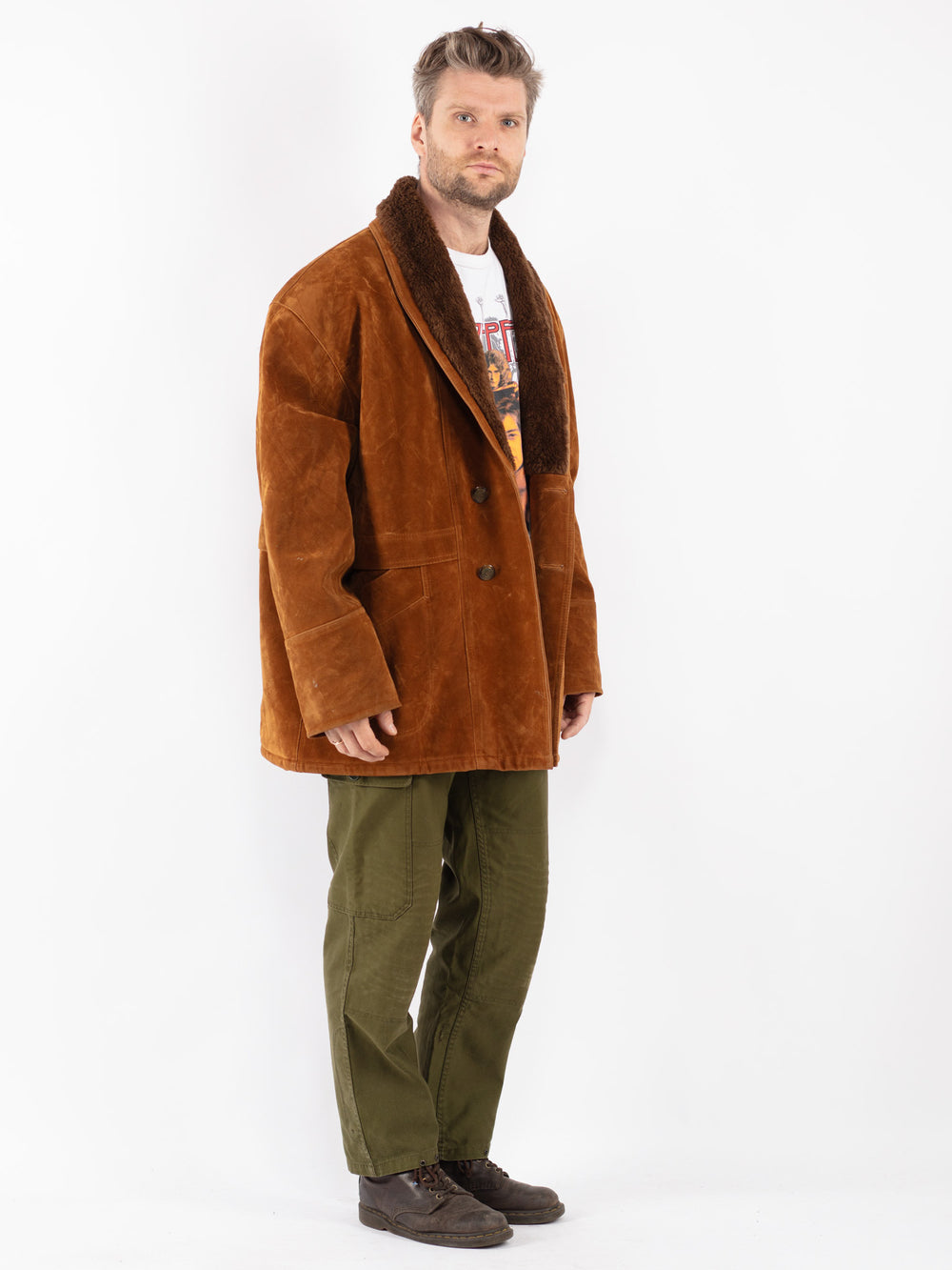 Vintage Men Faux Sheepskin Coat in Brown