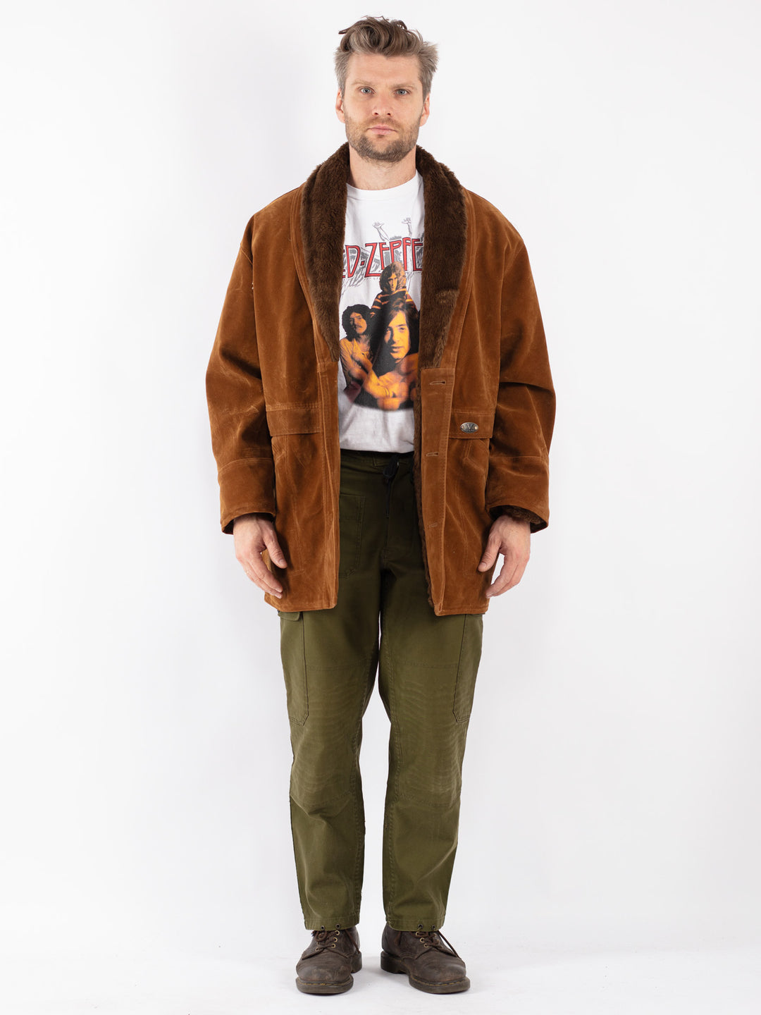 Vintage Men Faux Sheepskin Coat in Brown