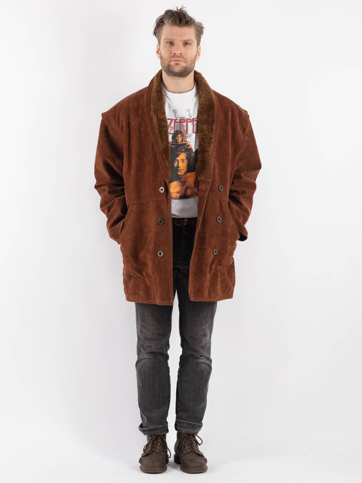 Vintage 90's Men Faux Sheepskin Coat in BrownZ565
