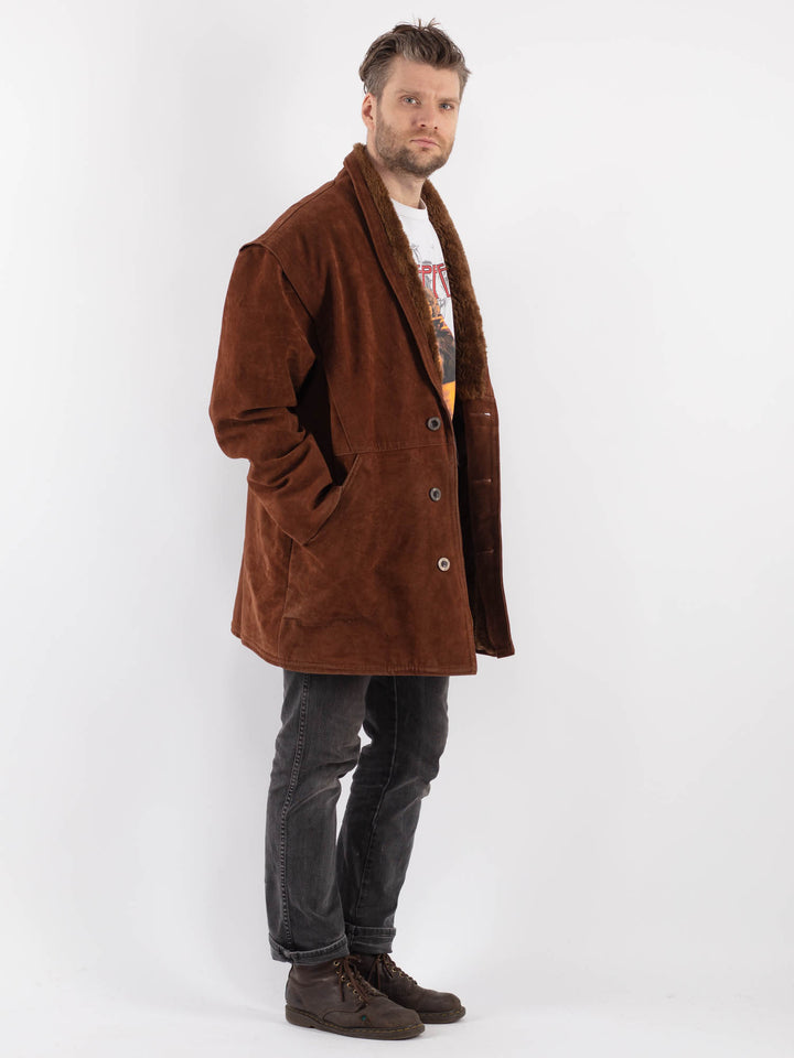 Vintage 90's Men Faux Sheepskin Coat in BrownZ565