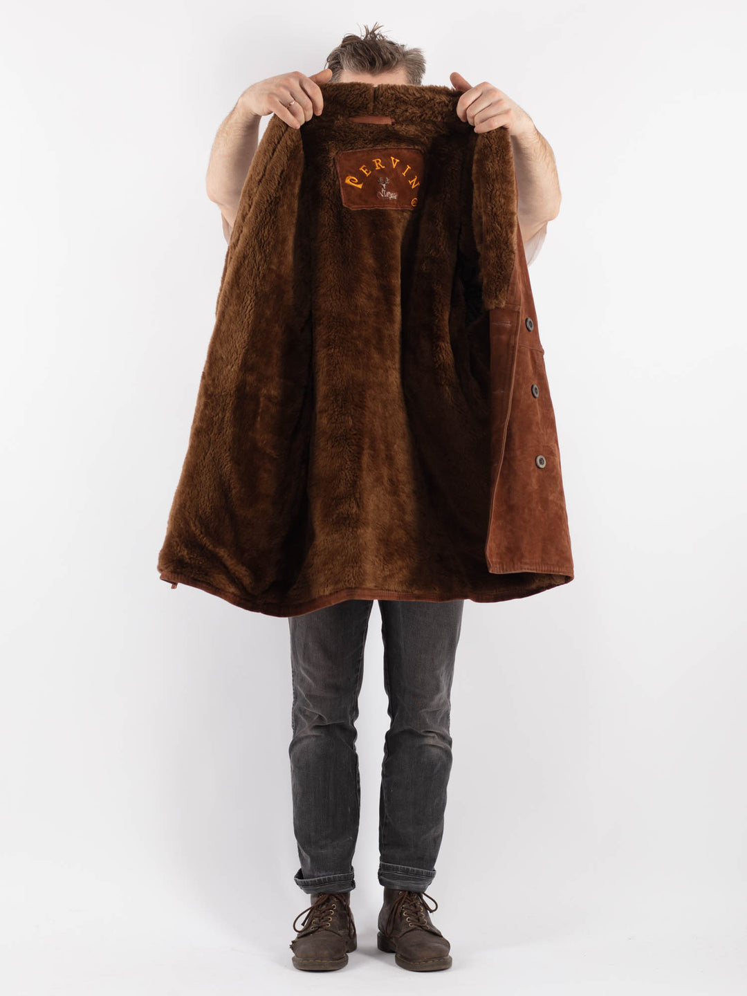 Vintage 90's Men Faux Sheepskin Coat in BrownZ565