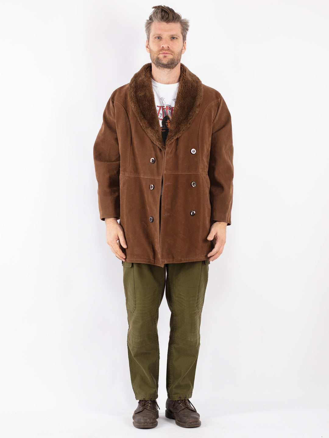 Vintage Men Faux Sheepskin Coat in Brown