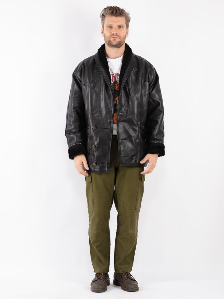 Vintage Men Faux Sheepskin Coat in Black