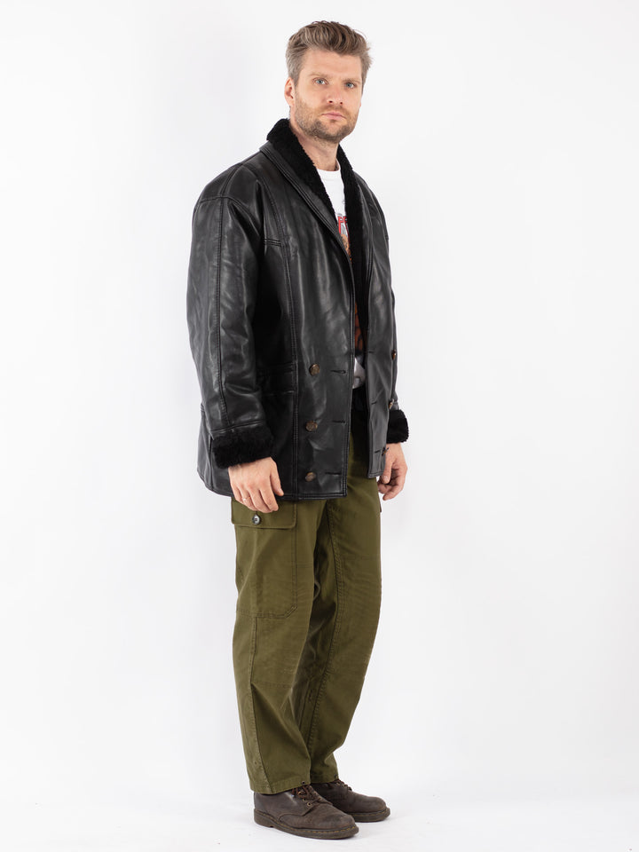 Vintage Men Faux Sheepskin Coat in Black