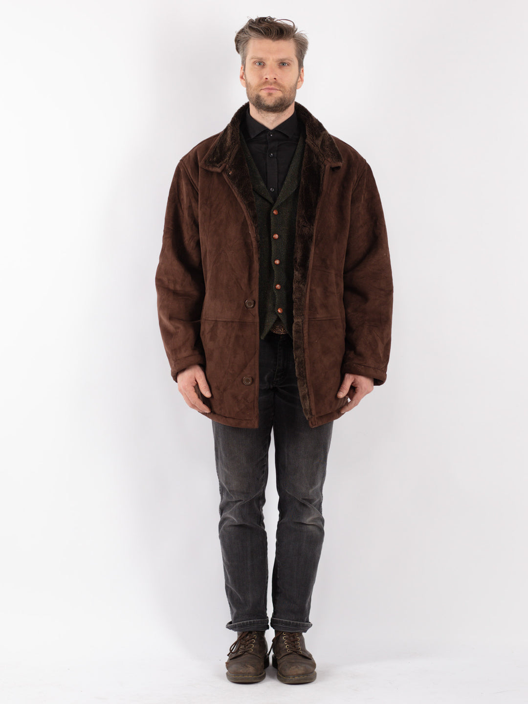 Vintage 90's Men Faux Sheepskin Coat in Brown