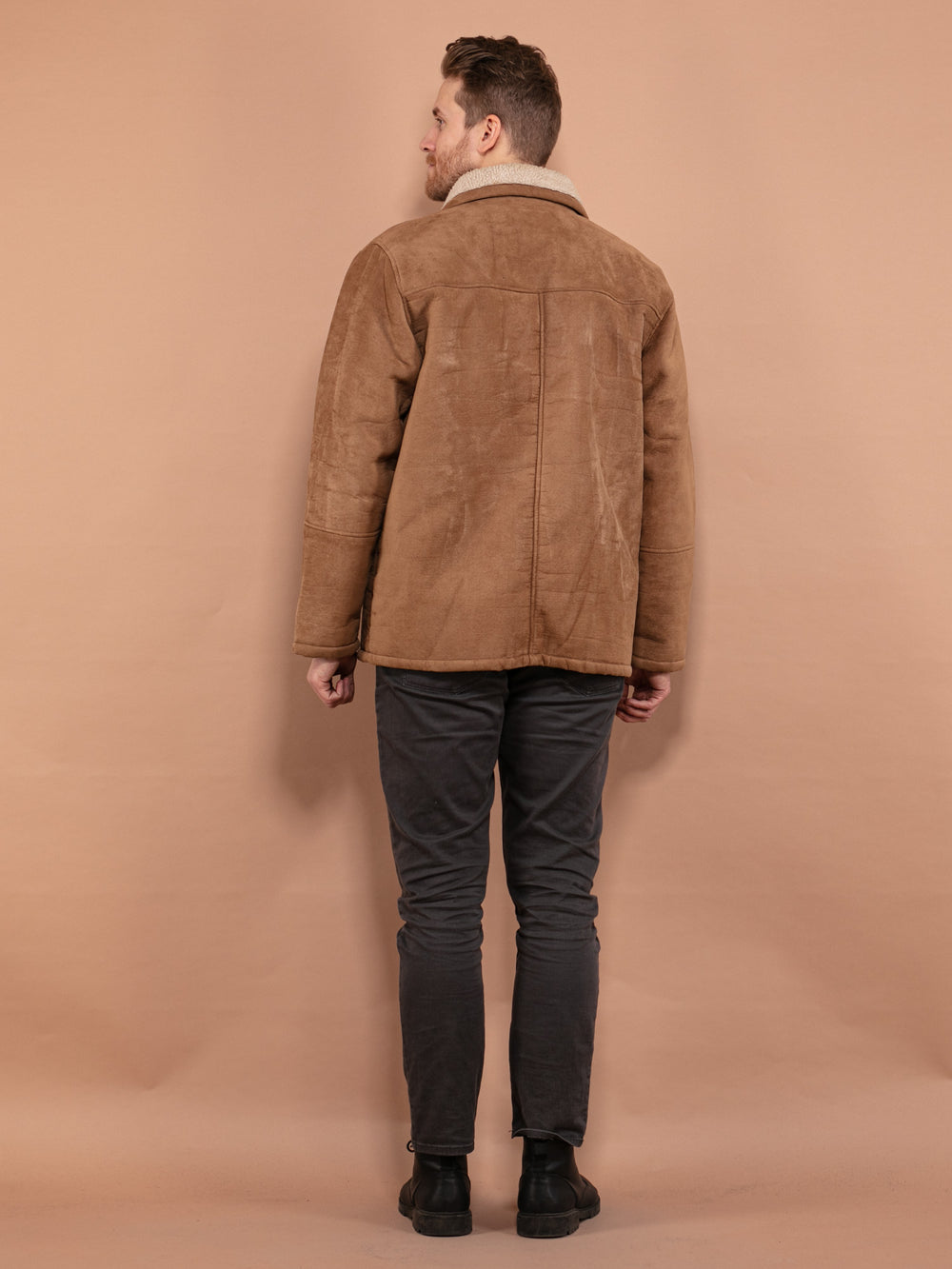 Vintage 90's Men Faux Sheepskin Jacket in Beige - NorthernGrip