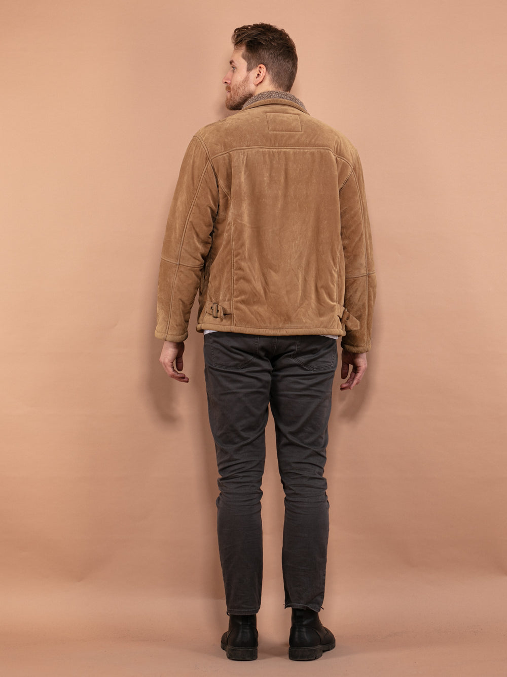 Vintage 90's Men Faux Sheepskin Jacket in Beige - NorthernGrip