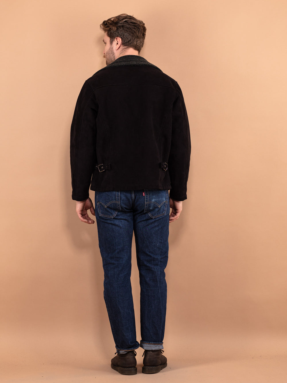 Vintage 90's Men Faux Sheepskin Jacket in Black - NorthernGrip