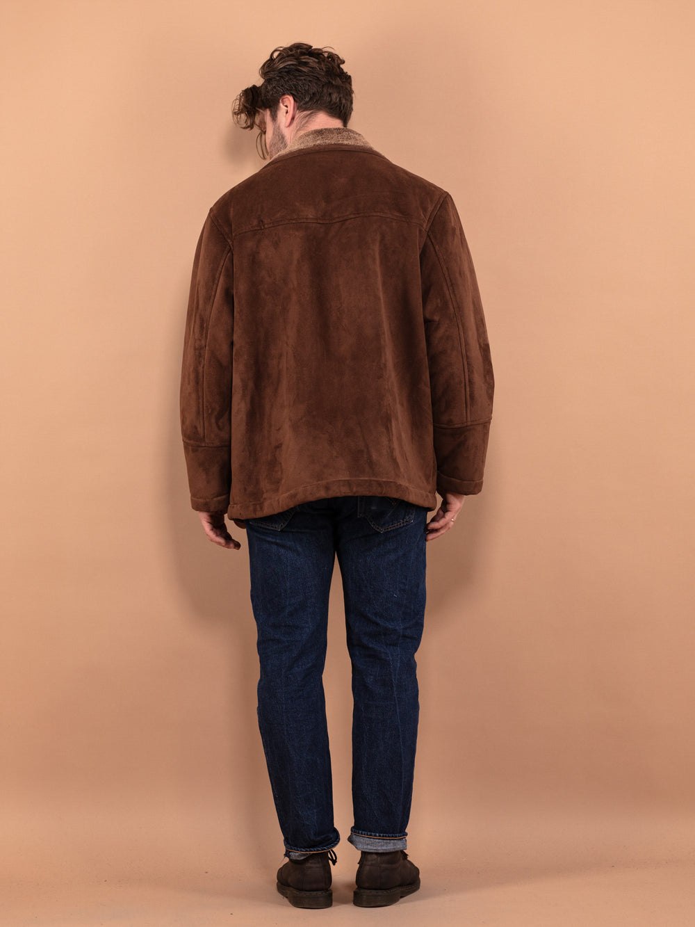 Vintage 90's Men Faux Sheepskin Jacket in Brown - NorthernGrip