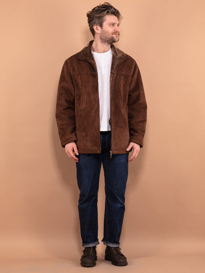 Faux Sheepskin Jacket, Men size L Spring Jacket, Western Cowboy Outerwear, Faux Shearling Jacket, Retro Jacket, Brown Sherpa Jacket 90's