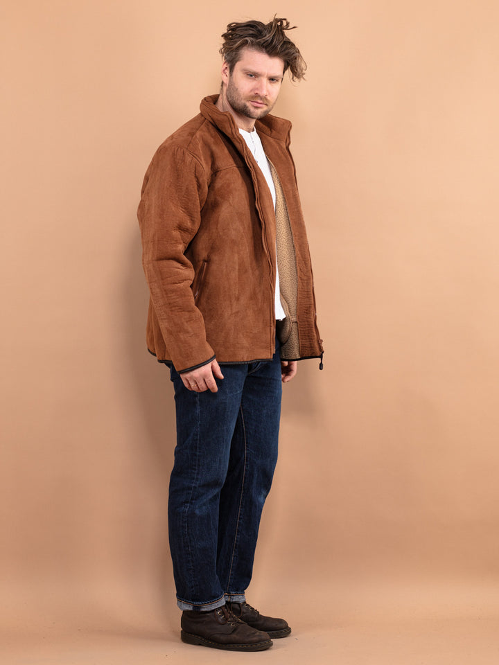 Faux Sheepskin Jacket, Men size XL Spring Jacket, Western Cowboy Outerwear, Faux Shearling Jacket, Retro Jacket, Brown Sherpa Jacket 90's