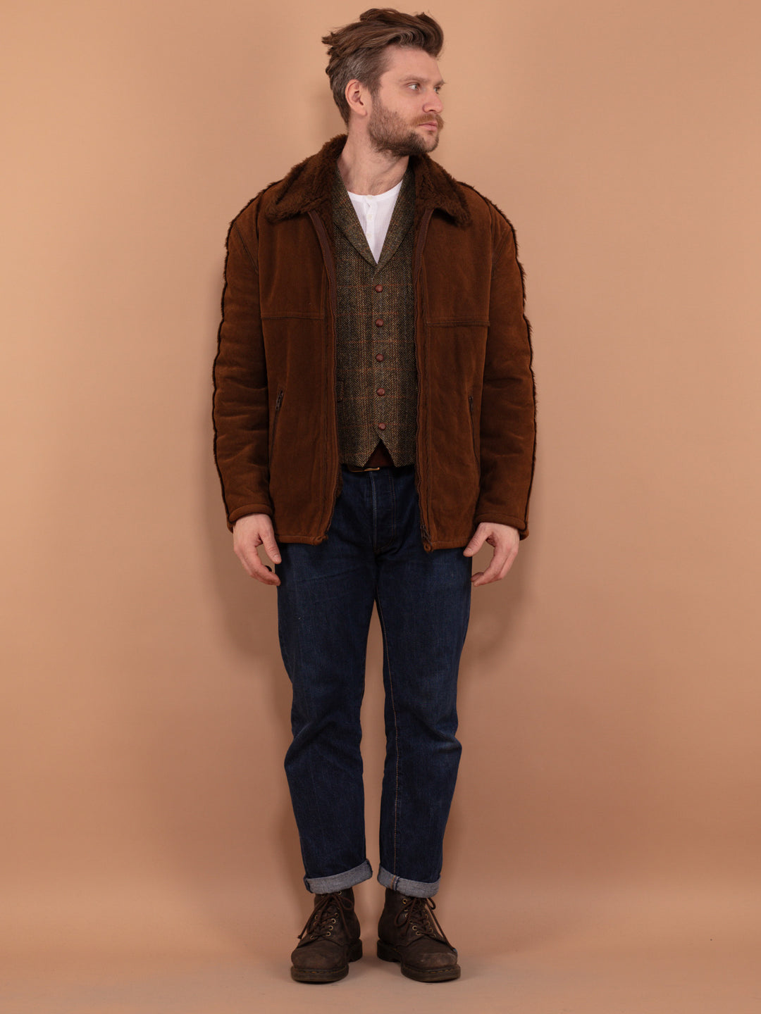 Vintage 90's Men Faux Sheepskin Jacket in Brown - NorthernGrip