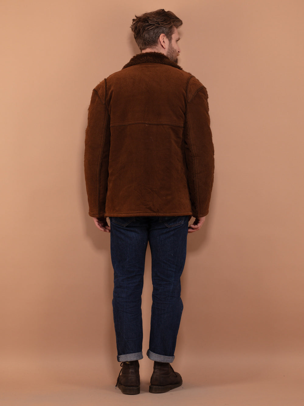Vintage 90's Men Faux Sheepskin Jacket in Brown - NorthernGrip