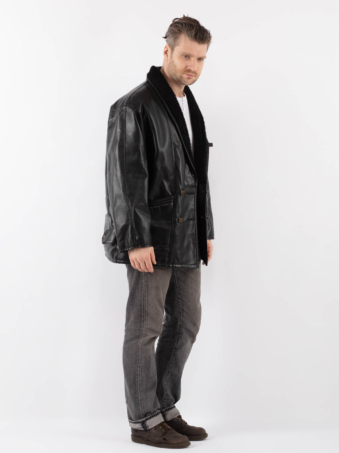 Vintage 90's Men Faux Sheepskin Jacket in BlackZ1108
