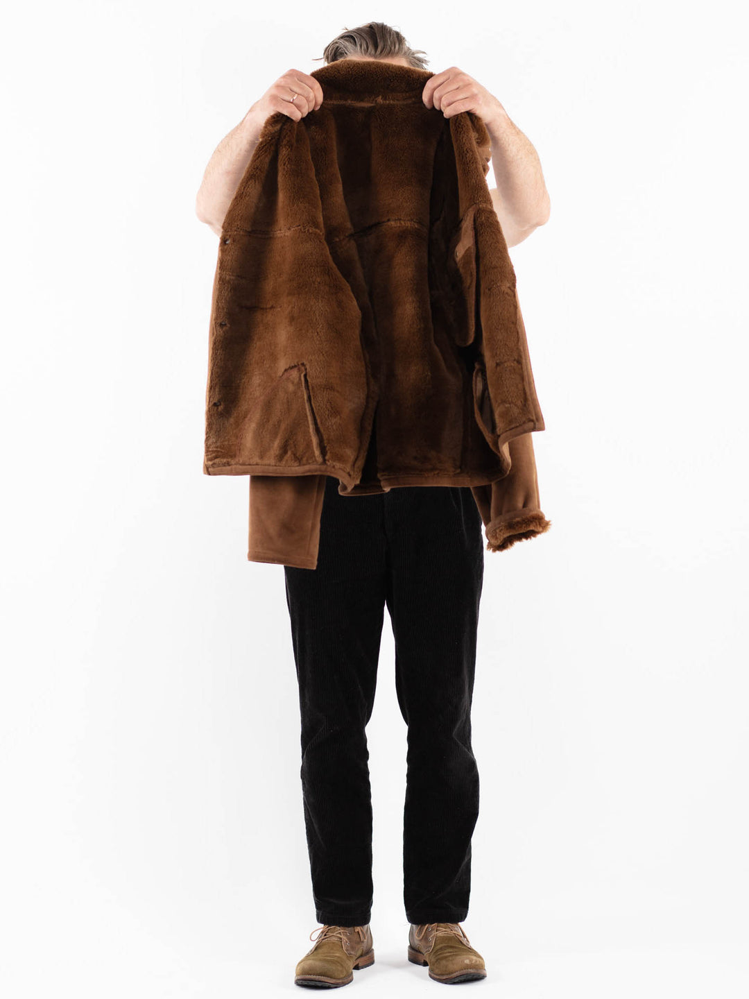 Vintage 90's Men Faux Sheepskin Jacket in BrownZ1834