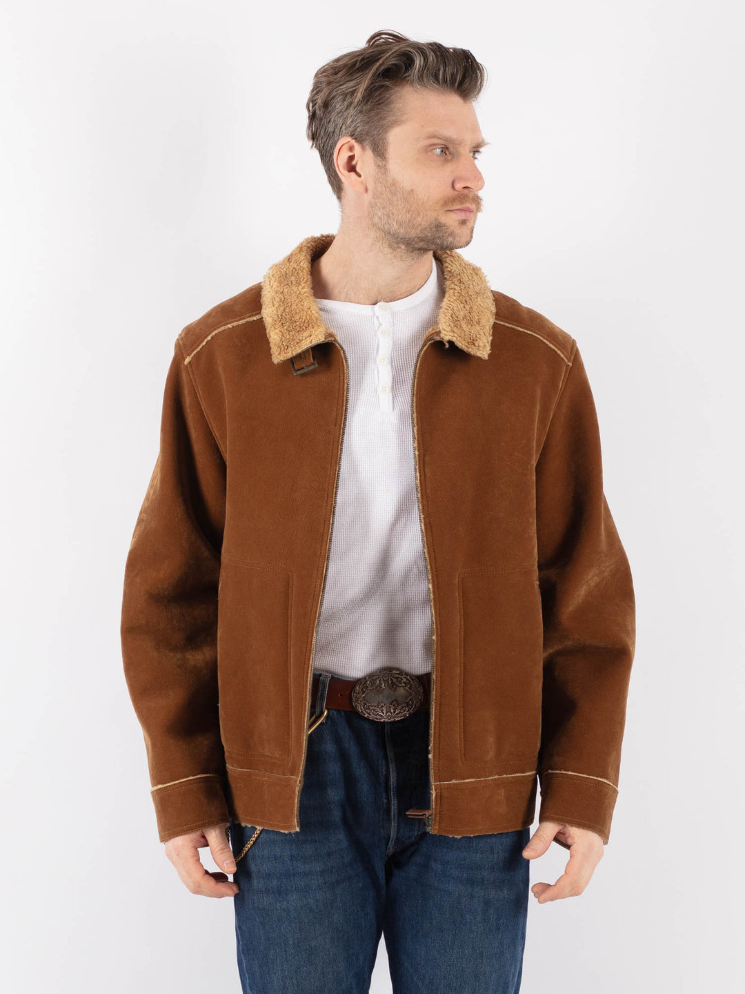 Vintage 90's Men Faux Sheepskin Jacket in BrownZ1176