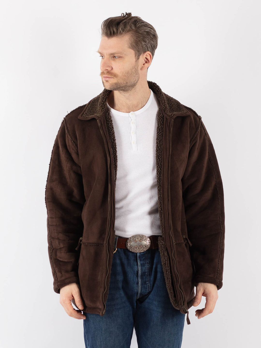Vintage 90's Men Faux Sheepskin Jacket in BrownZ1182