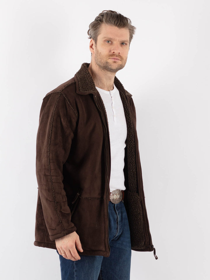 Vintage 90's Men Faux Sheepskin Jacket in BrownZ1182