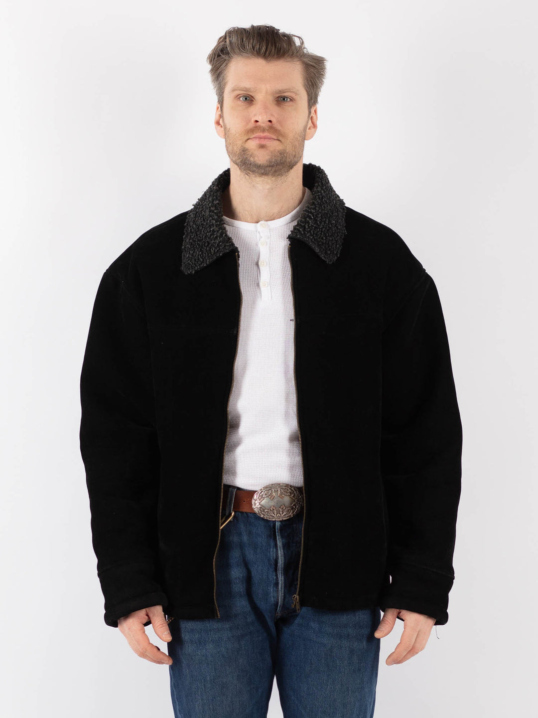 Vintage 90's Men Faux Sheepskin Jacket in BlackZ1184