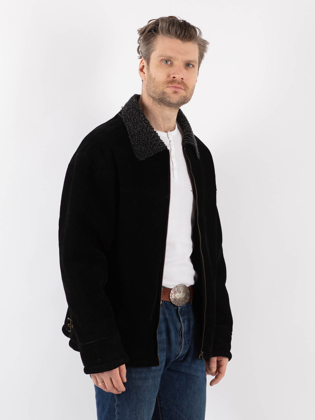 Vintage 90's Men Faux Sheepskin Jacket in BlackZ1184