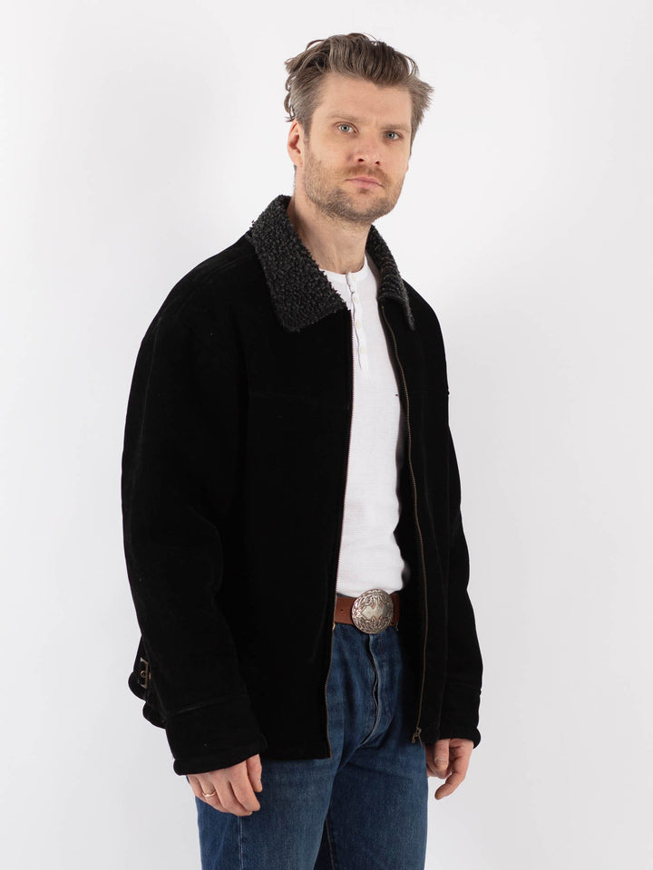 Vintage 90's Men Faux Sheepskin Jacket in BlackZ1184