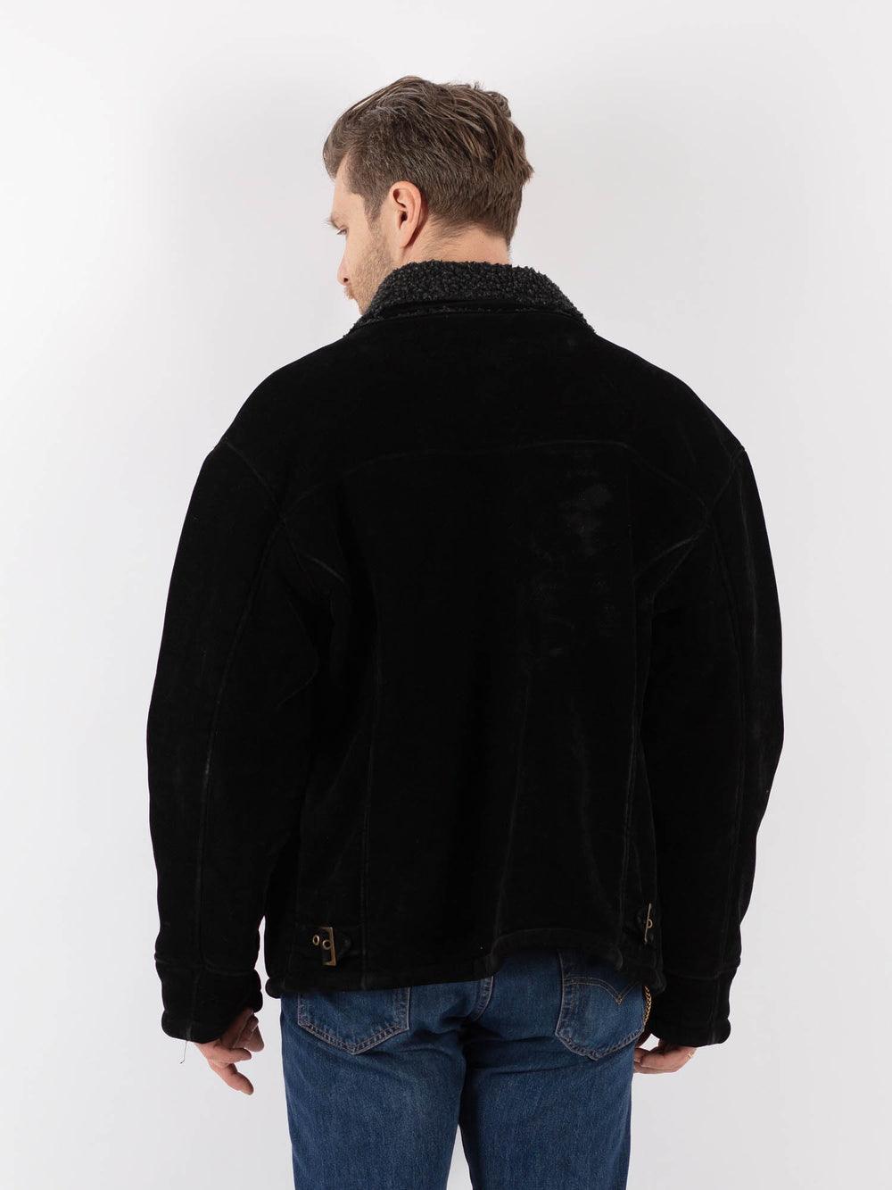Vintage 90's Men Faux Sheepskin Jacket in BlackZ1184