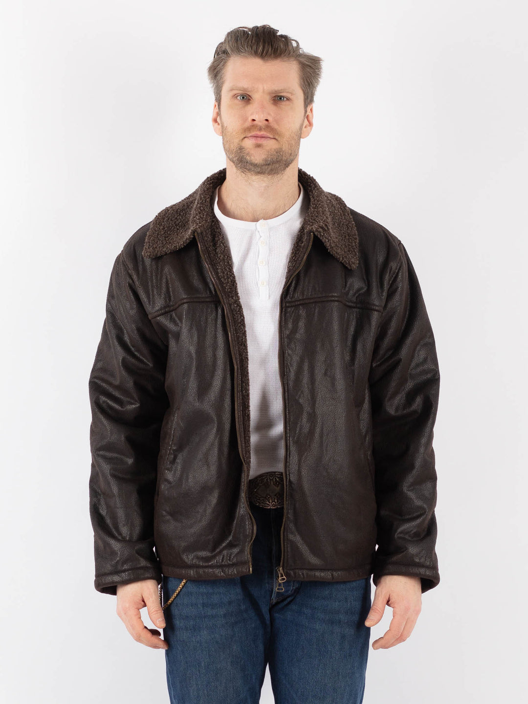 Vintage 90's Men Faux Sheepskin Jacket in BrownZ1185