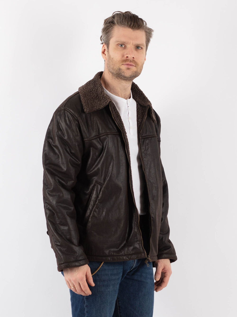 Vintage 90's Men Faux Sheepskin Jacket in BrownZ1185