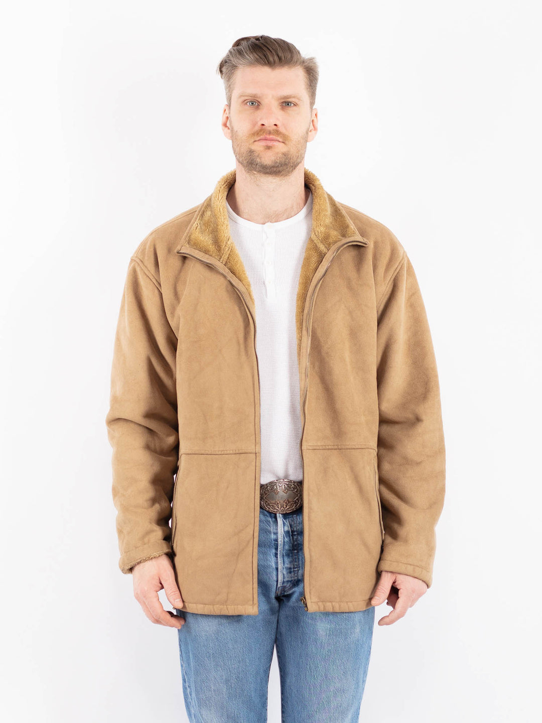 Vintage 00's Men Faux Sheepskin Jacket in BeigeZ1438