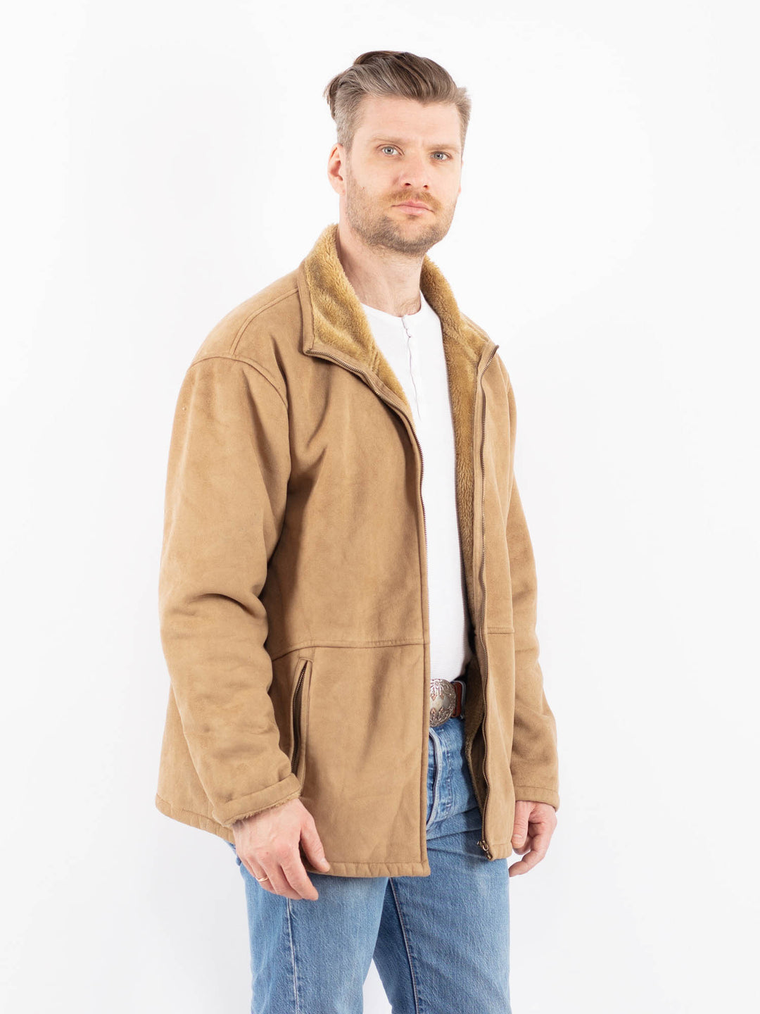 Vintage 00's Men Faux Sheepskin Jacket in BeigeZ1438