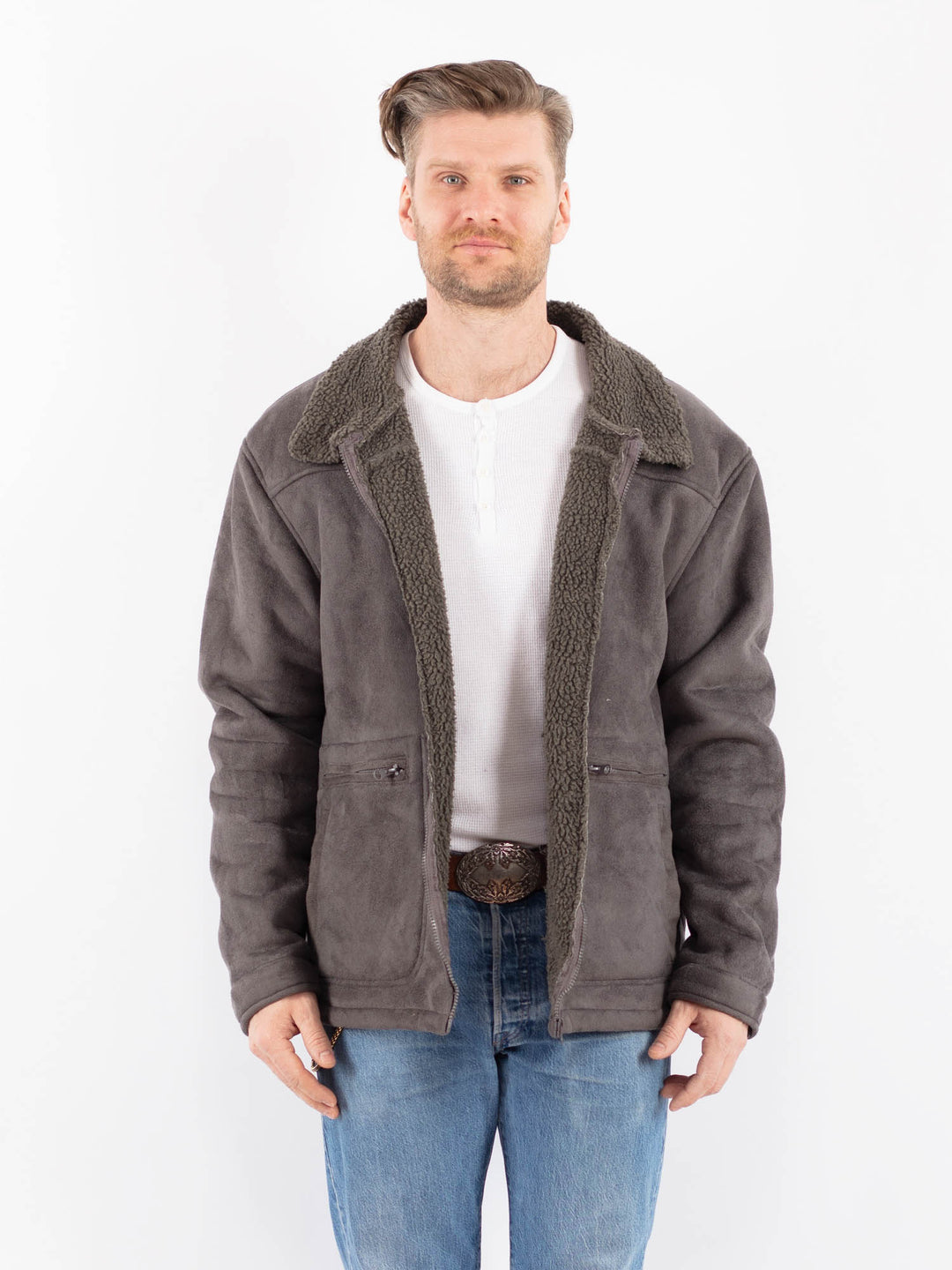 Vintage 00's Men Faux Sheepskin Jacket in GrayZ1443
