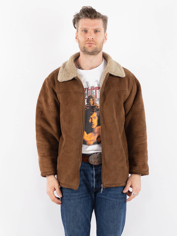 Vintage 90's Men Faux Sheepskin Jacket in BrownZ1552