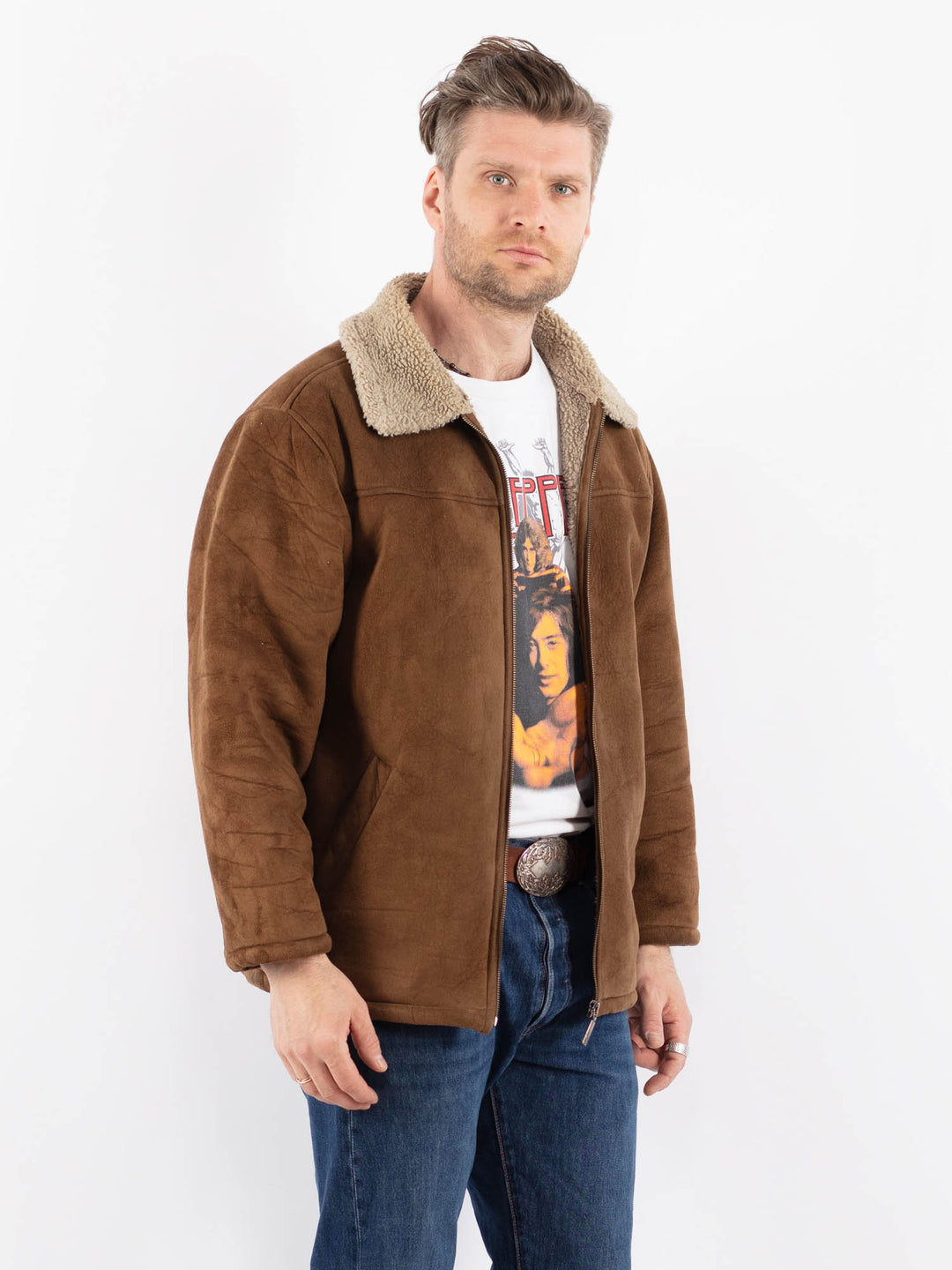 Vintage 90's Men Faux Sheepskin Jacket in BrownZ1552