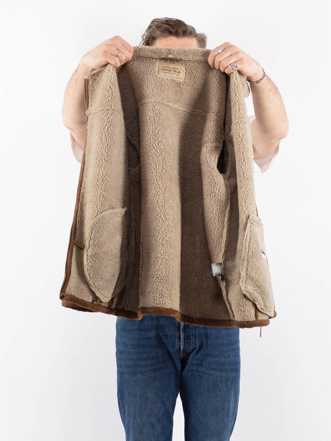 Vintage 90's Men Faux Sheepskin Jacket in BrownZ1552
