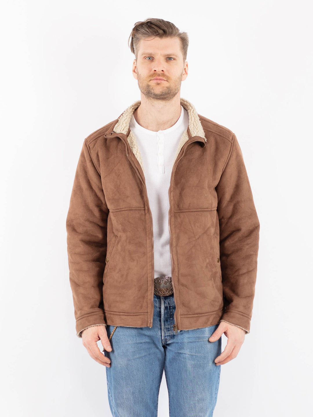 Vintage 00's Men Faux Sheepskin Jacket in BrownZ1445
