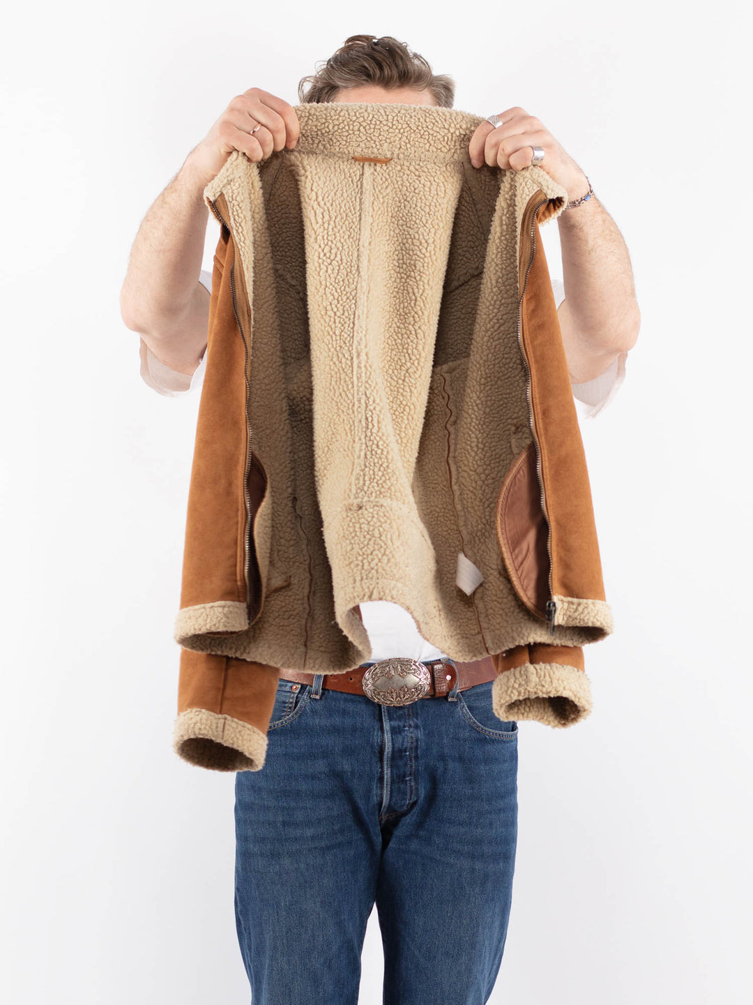 Vintage 00's Men Faux Sheepskin Jacket in BrownZ1559