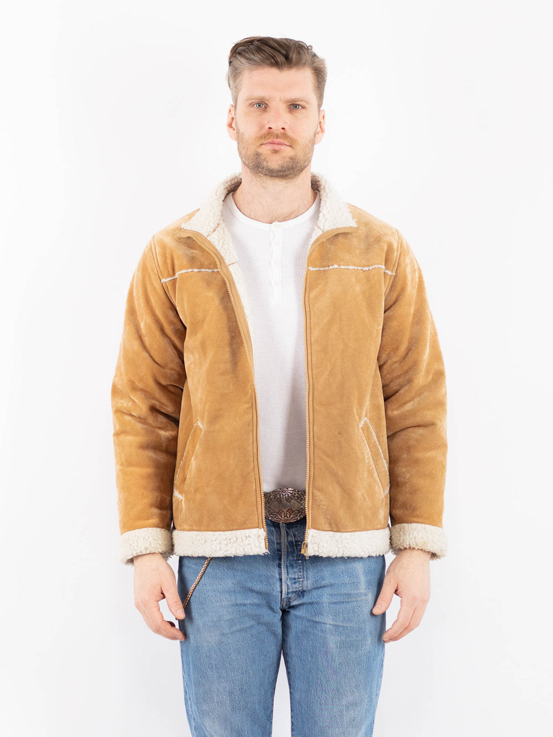 Vintage 90's Men Faux Sheepskin Jacket in BeigeZ1452