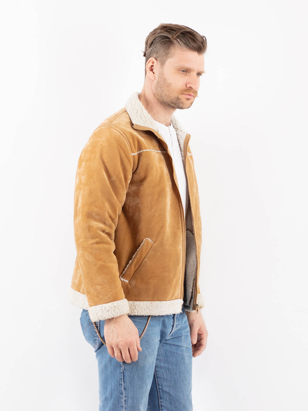 Vintage 90's Men Faux Sheepskin Jacket in BeigeZ1452