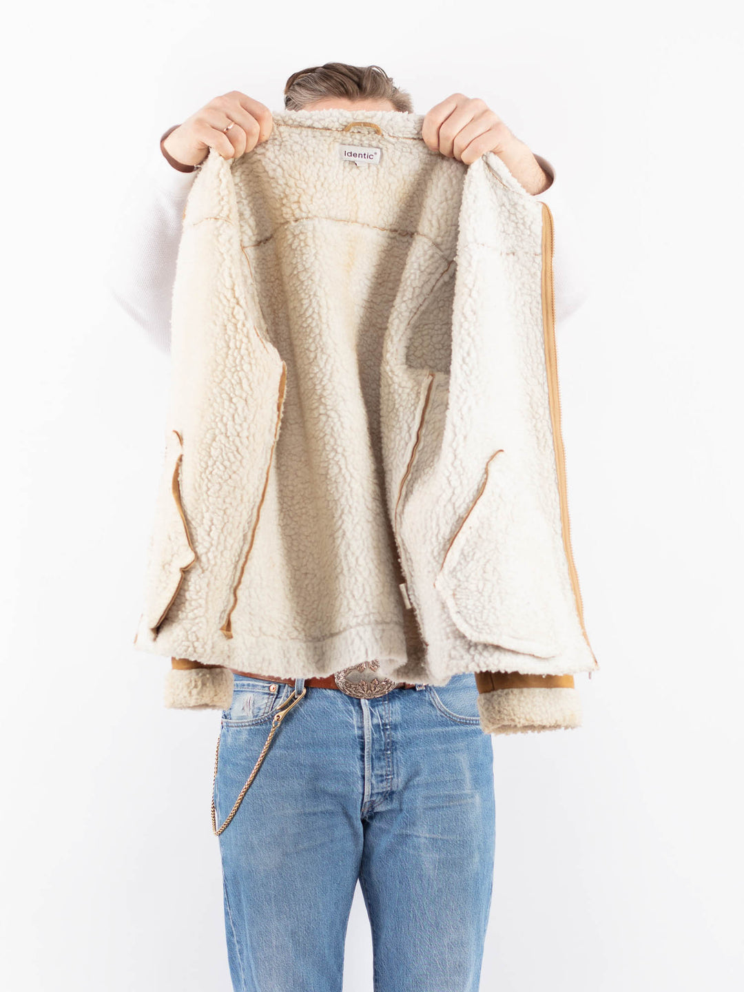 Vintage 90's Men Faux Sheepskin Jacket in BeigeZ1452