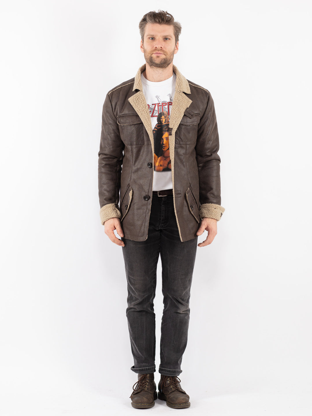 Vintage Men Faux Sheepskin Jacket in Brown