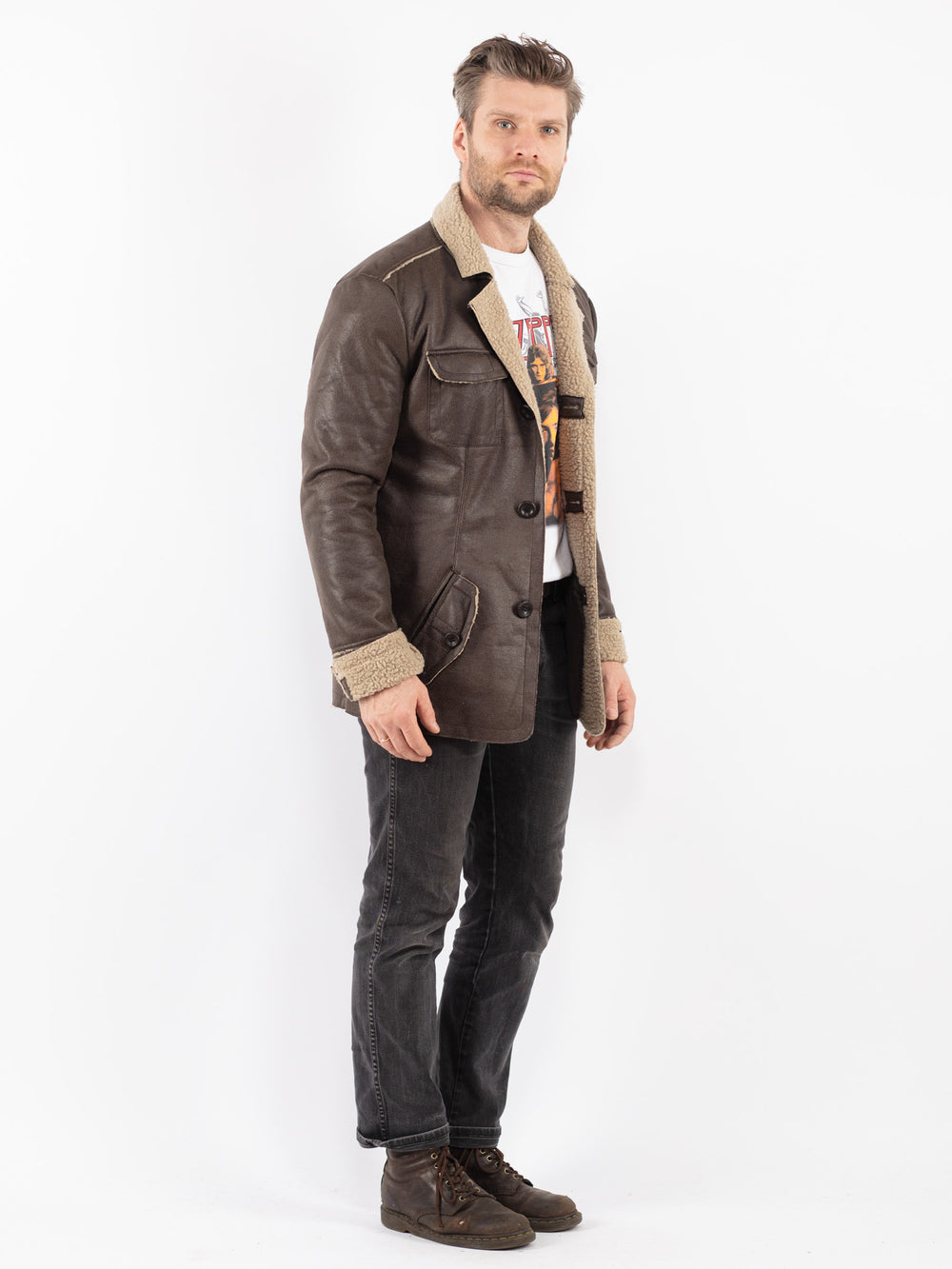 Vintage Men Faux Sheepskin Jacket in Brown