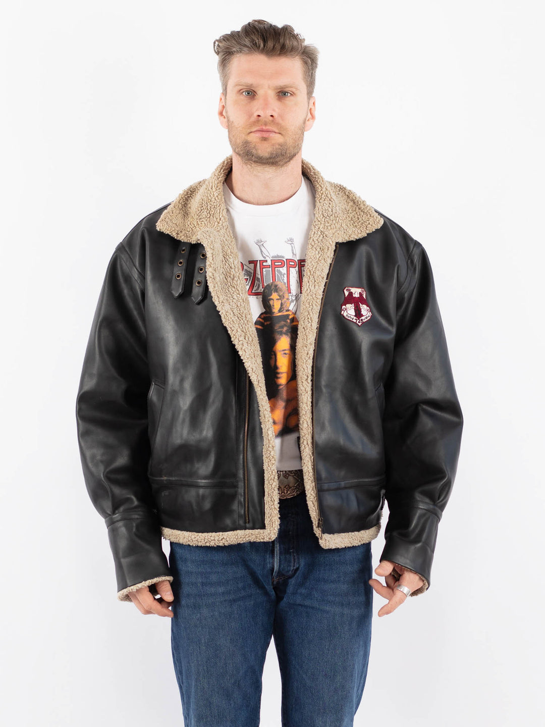 Vintage 90's Men Faux Sheepskin Jacket in BlackZ1583