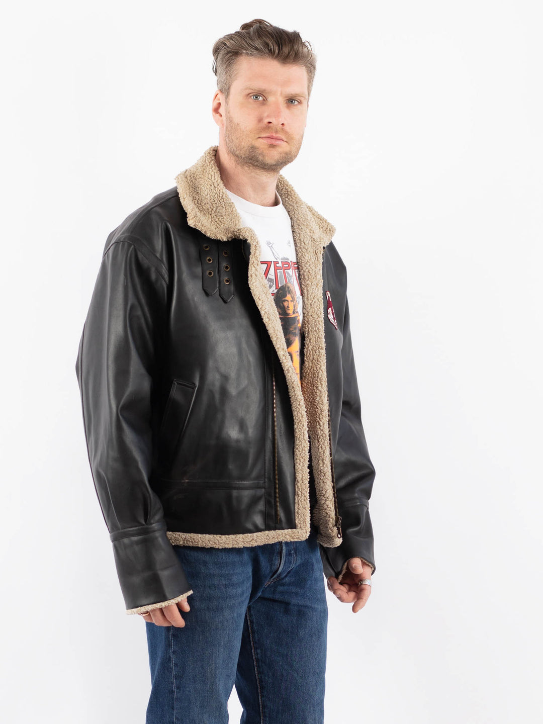 Vintage 90's Men Faux Sheepskin Jacket in BlackZ1583