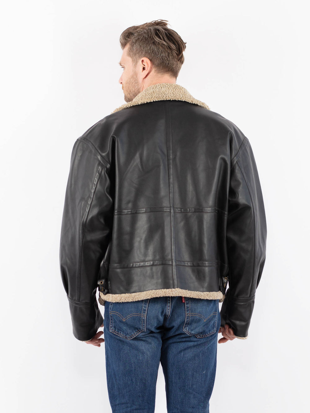 Vintage 90's Men Faux Sheepskin Jacket in BlackZ1583