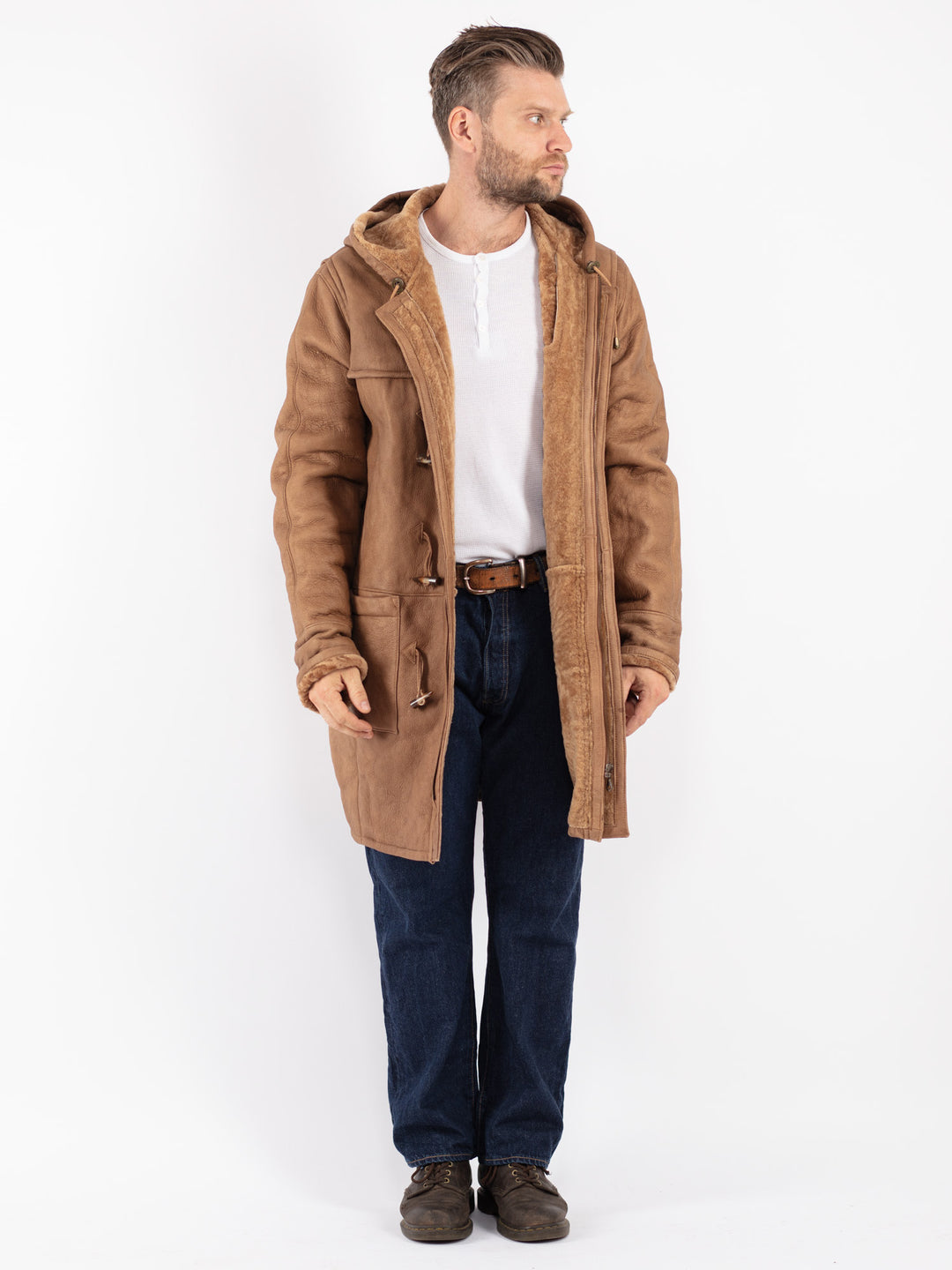 Vintage 90's Men Sheepskin Coat in Beige