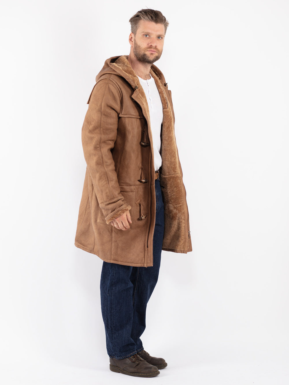 Vintage 90's Men Sheepskin Coat in Beige