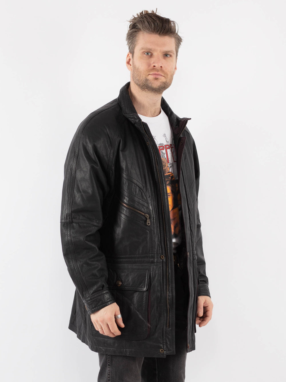 Vintage 80's Men Leather Coat in Black - NorthernGrip