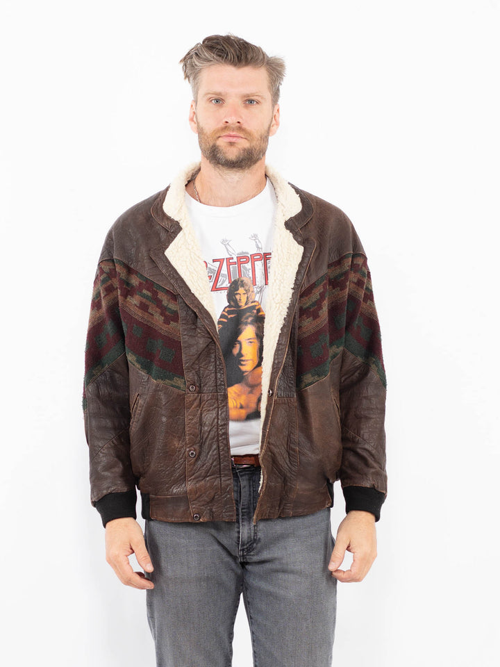 Vintage 90's Men Aztec Leather Bomber Jacket in Brown