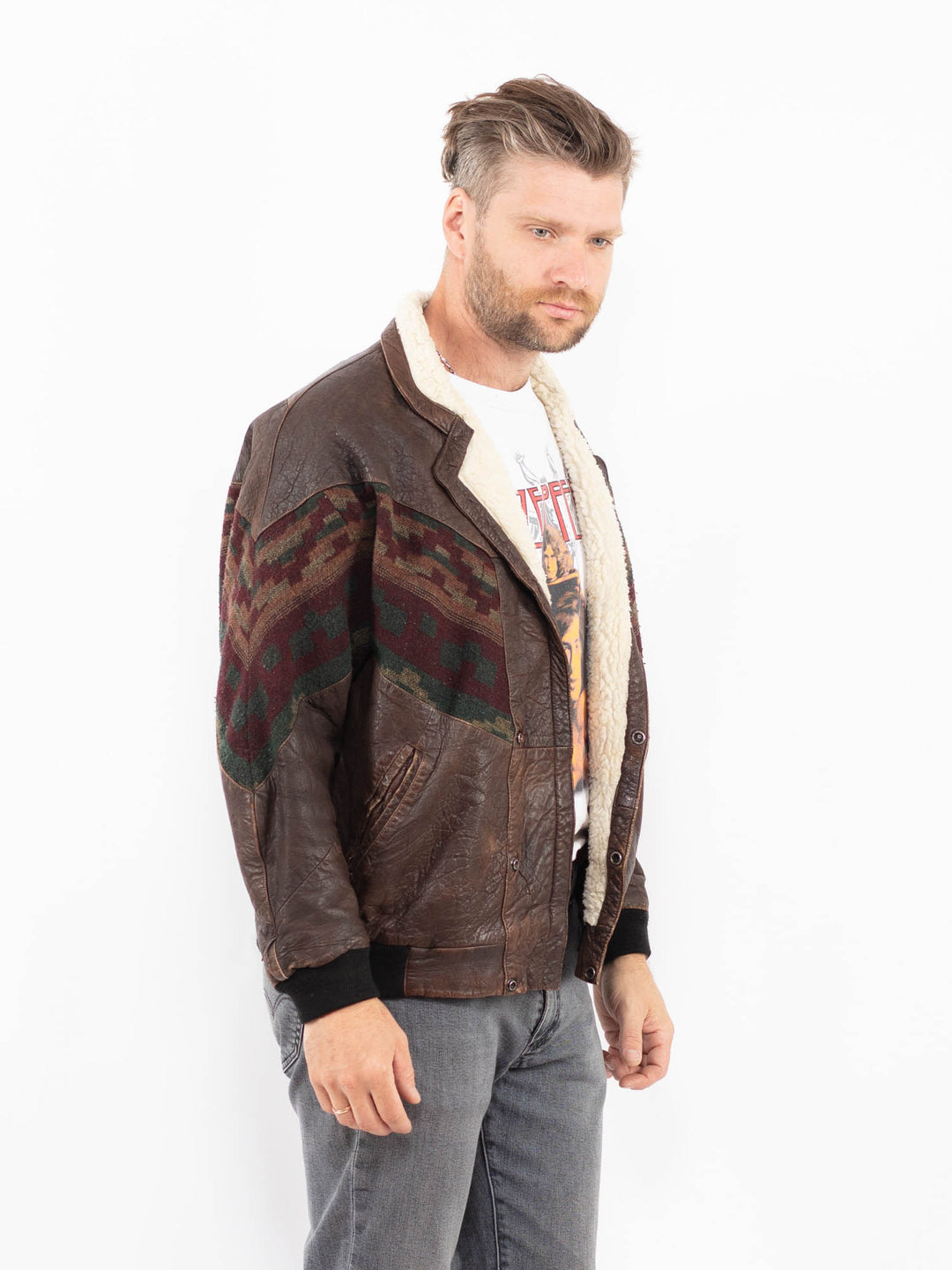 Vintage 90's Men Aztec Leather Bomber Jacket in Brown